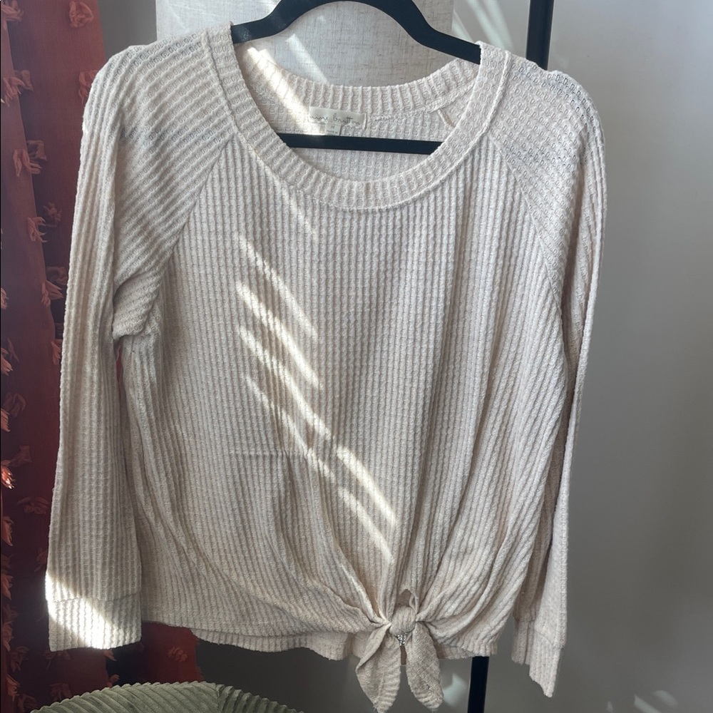 Nine Britton Cream Ribbed Tie-Front Long Sleeve Top